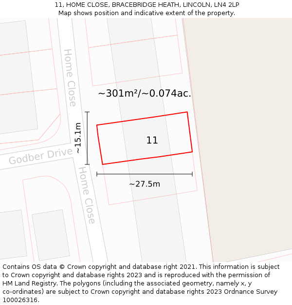 11, HOME CLOSE, BRACEBRIDGE HEATH, LINCOLN, LN4 2LP: Plot and title map
