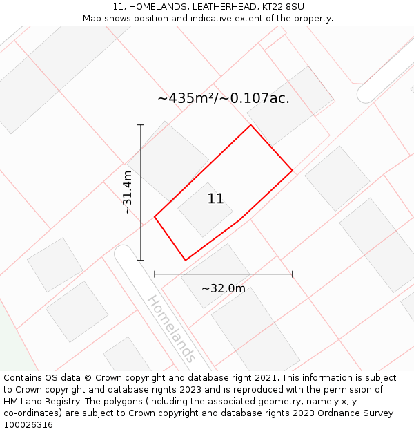 11, HOMELANDS, LEATHERHEAD, KT22 8SU: Plot and title map