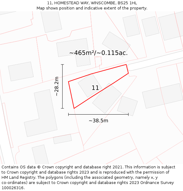 11, HOMESTEAD WAY, WINSCOMBE, BS25 1HL: Plot and title map