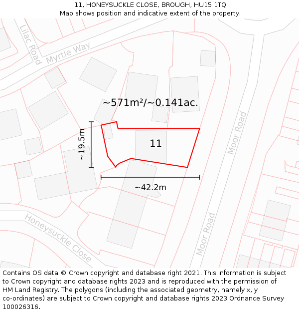 11, HONEYSUCKLE CLOSE, BROUGH, HU15 1TQ: Plot and title map