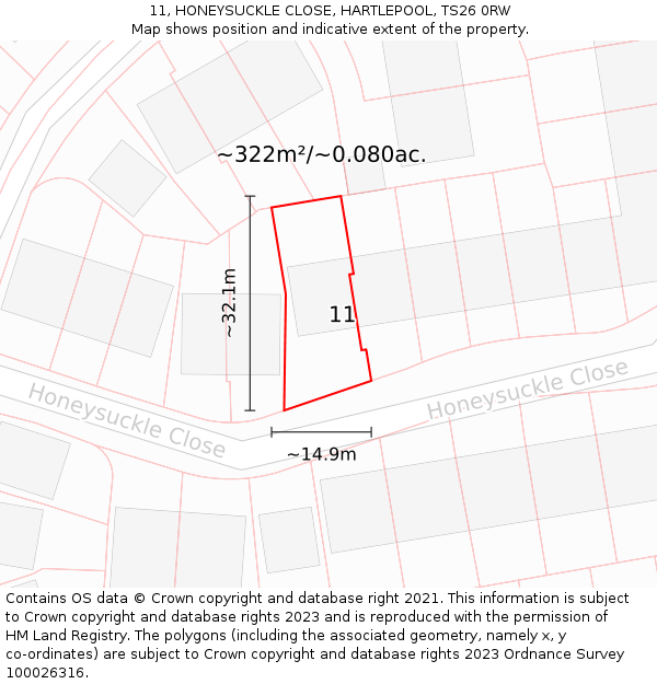 11, HONEYSUCKLE CLOSE, HARTLEPOOL, TS26 0RW: Plot and title map