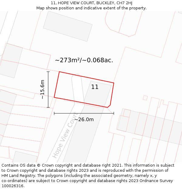 11, HOPE VIEW COURT, BUCKLEY, CH7 2HJ: Plot and title map