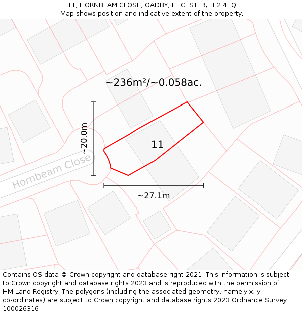 11, HORNBEAM CLOSE, OADBY, LEICESTER, LE2 4EQ: Plot and title map