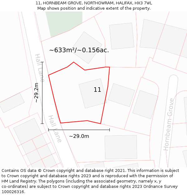 11, HORNBEAM GROVE, NORTHOWRAM, HALIFAX, HX3 7WL: Plot and title map