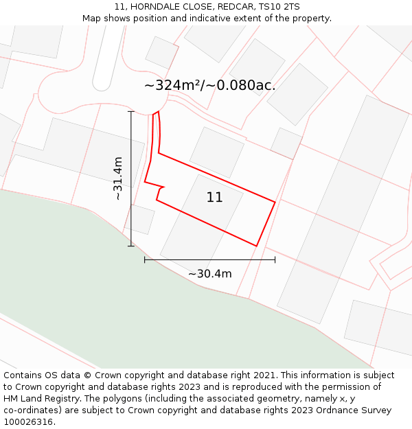 11, HORNDALE CLOSE, REDCAR, TS10 2TS: Plot and title map