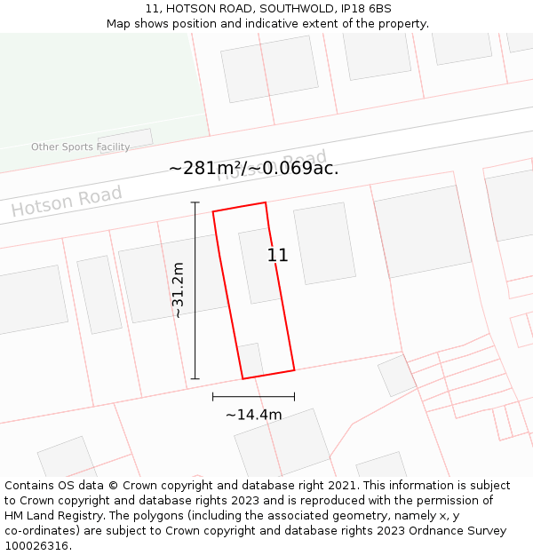 11, HOTSON ROAD, SOUTHWOLD, IP18 6BS: Plot and title map