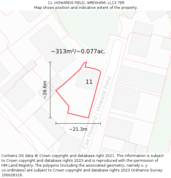 11, HOWARDS FIELD, WREXHAM, LL13 7ER: Plot and title map