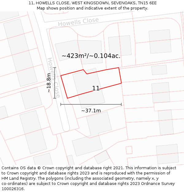 11, HOWELLS CLOSE, WEST KINGSDOWN, SEVENOAKS, TN15 6EE: Plot and title map