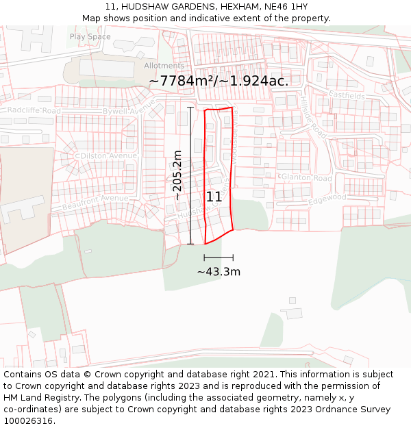 11, HUDSHAW GARDENS, HEXHAM, NE46 1HY: Plot and title map