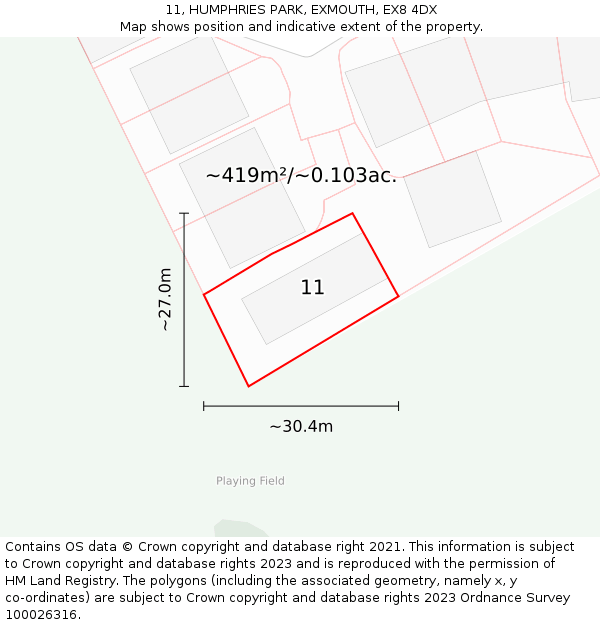 11, HUMPHRIES PARK, EXMOUTH, EX8 4DX: Plot and title map