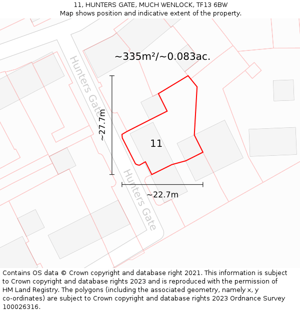 11, HUNTERS GATE, MUCH WENLOCK, TF13 6BW: Plot and title map