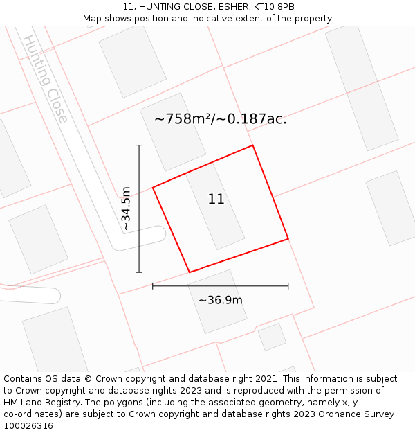 11, HUNTING CLOSE, ESHER, KT10 8PB: Plot and title map