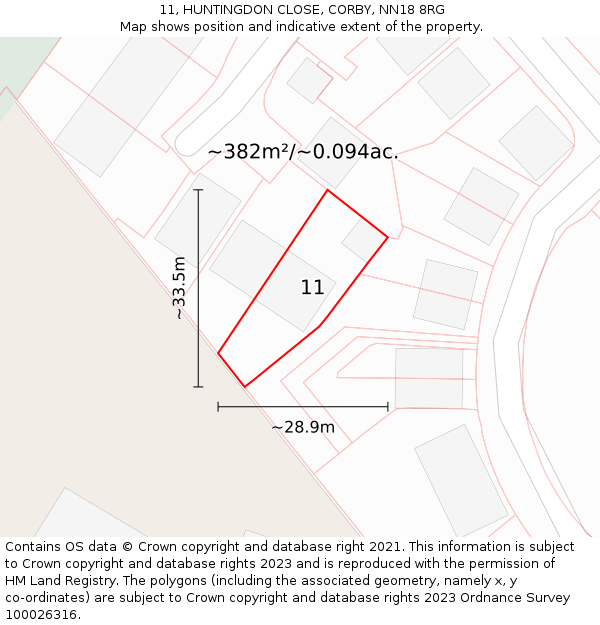 11, HUNTINGDON CLOSE, CORBY, NN18 8RG: Plot and title map