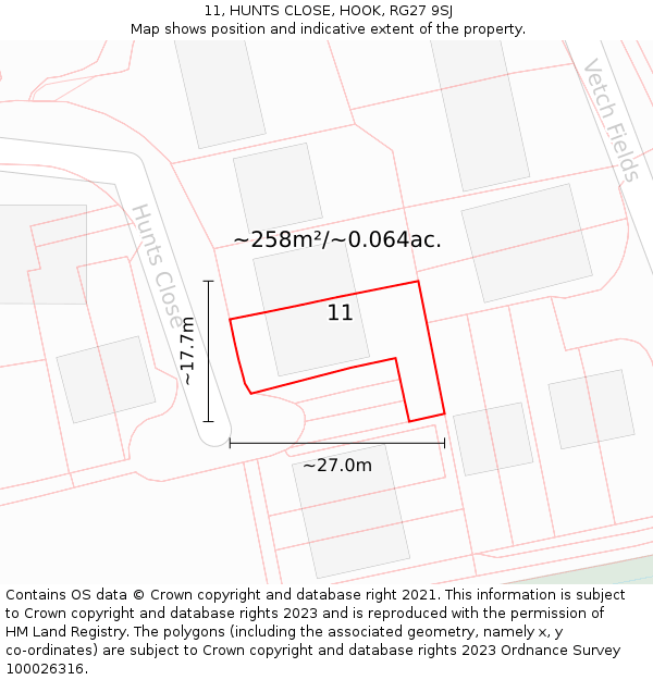 11, HUNTS CLOSE, HOOK, RG27 9SJ: Plot and title map