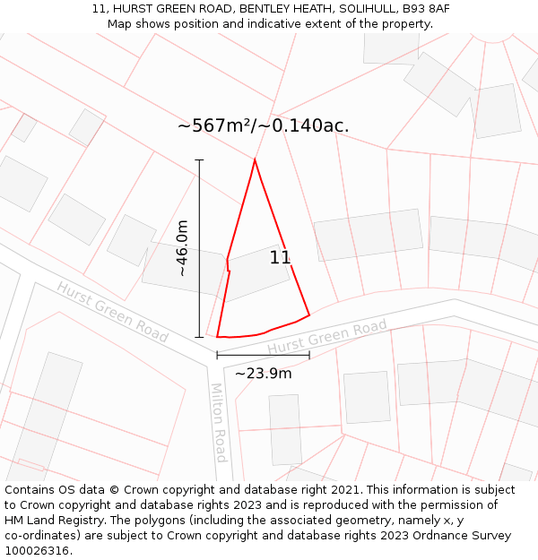 11, HURST GREEN ROAD, BENTLEY HEATH, SOLIHULL, B93 8AF: Plot and title map