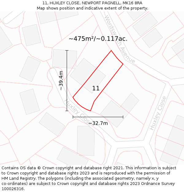 11, HUXLEY CLOSE, NEWPORT PAGNELL, MK16 8RA: Plot and title map