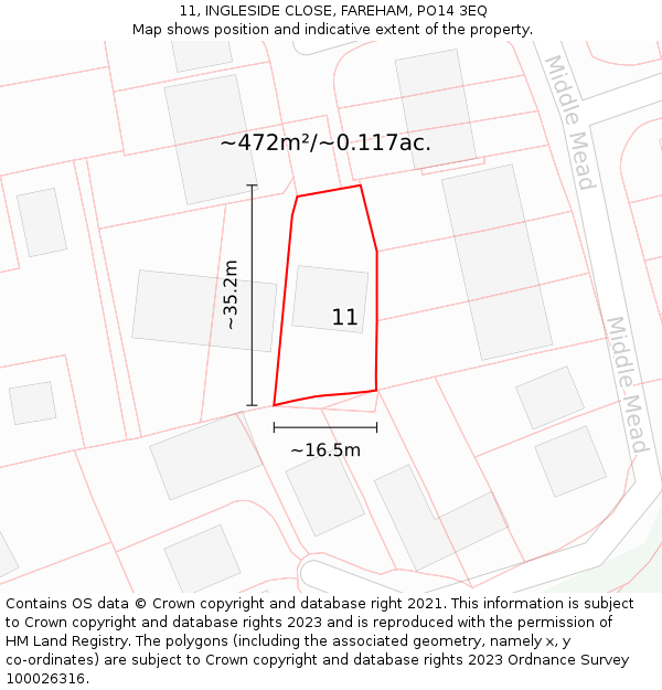 11, INGLESIDE CLOSE, FAREHAM, PO14 3EQ: Plot and title map