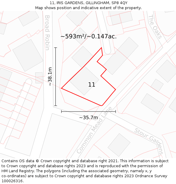 11, IRIS GARDENS, GILLINGHAM, SP8 4QY: Plot and title map