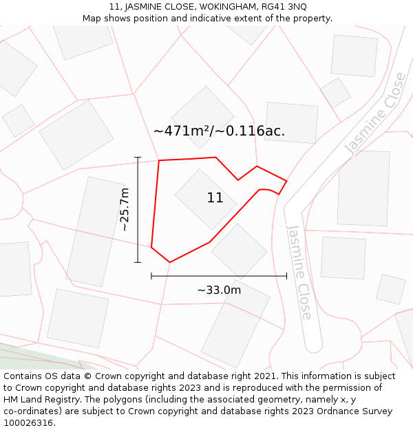 11, JASMINE CLOSE, WOKINGHAM, RG41 3NQ: Plot and title map