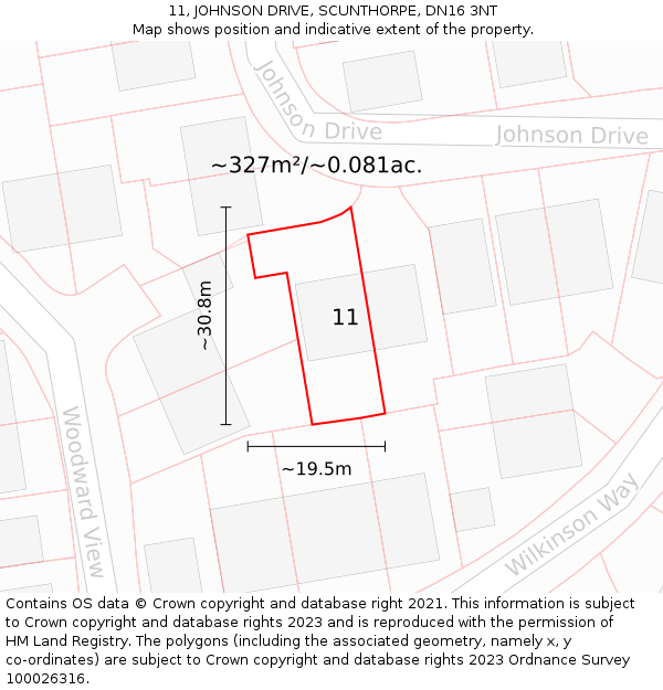 11, JOHNSON DRIVE, SCUNTHORPE, DN16 3NT: Plot and title map