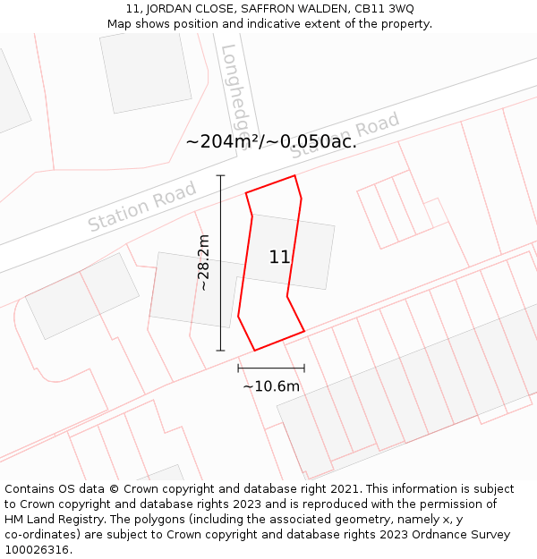 11, JORDAN CLOSE, SAFFRON WALDEN, CB11 3WQ: Plot and title map