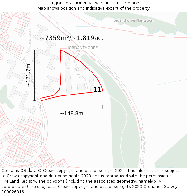 11, JORDANTHORPE VIEW, SHEFFIELD, S8 8DY: Plot and title map