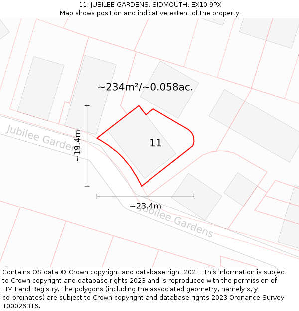 11, JUBILEE GARDENS, SIDMOUTH, EX10 9PX: Plot and title map