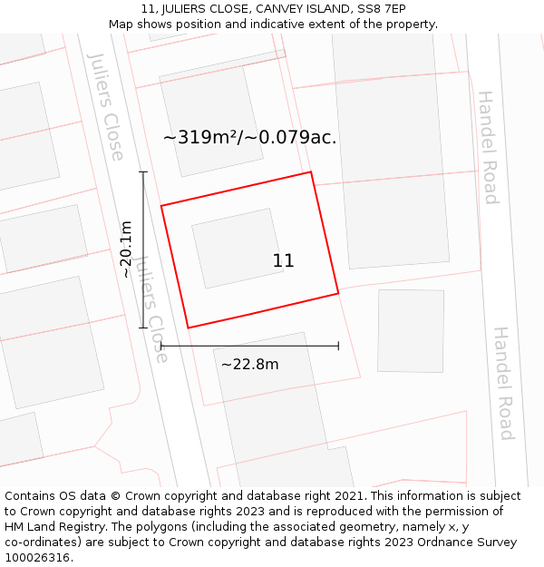 11, JULIERS CLOSE, CANVEY ISLAND, SS8 7EP: Plot and title map