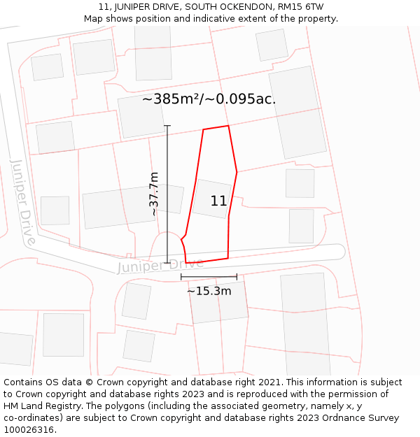 11, JUNIPER DRIVE, SOUTH OCKENDON, RM15 6TW: Plot and title map