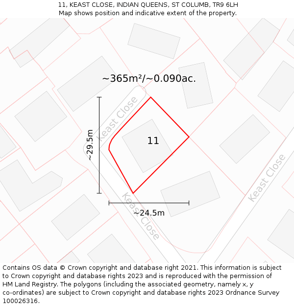 11, KEAST CLOSE, INDIAN QUEENS, ST COLUMB, TR9 6LH: Plot and title map