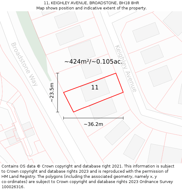 11, KEIGHLEY AVENUE, BROADSTONE, BH18 8HR: Plot and title map