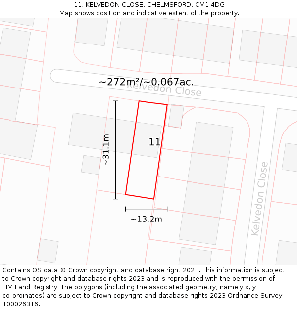 11, KELVEDON CLOSE, CHELMSFORD, CM1 4DG: Plot and title map