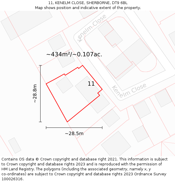 11, KENELM CLOSE, SHERBORNE, DT9 6BL: Plot and title map