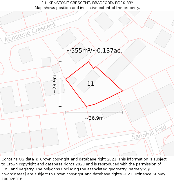 11, KENSTONE CRESCENT, BRADFORD, BD10 8RY: Plot and title map