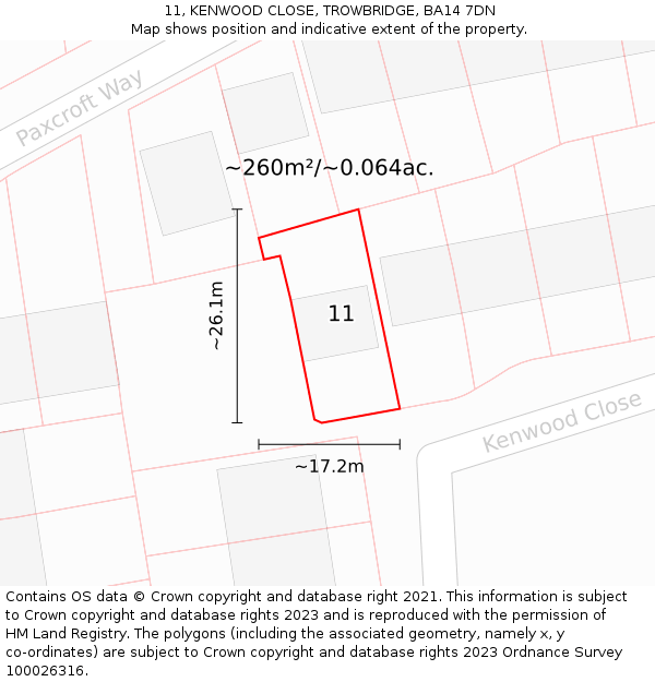 11, KENWOOD CLOSE, TROWBRIDGE, BA14 7DN: Plot and title map