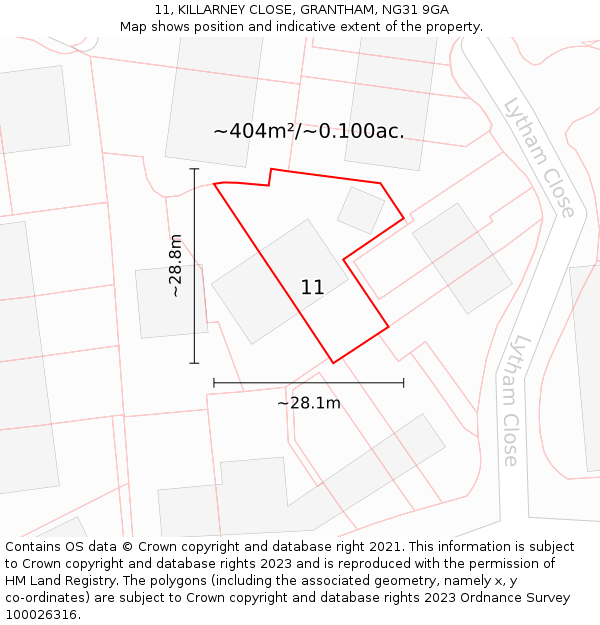 11, KILLARNEY CLOSE, GRANTHAM, NG31 9GA: Plot and title map