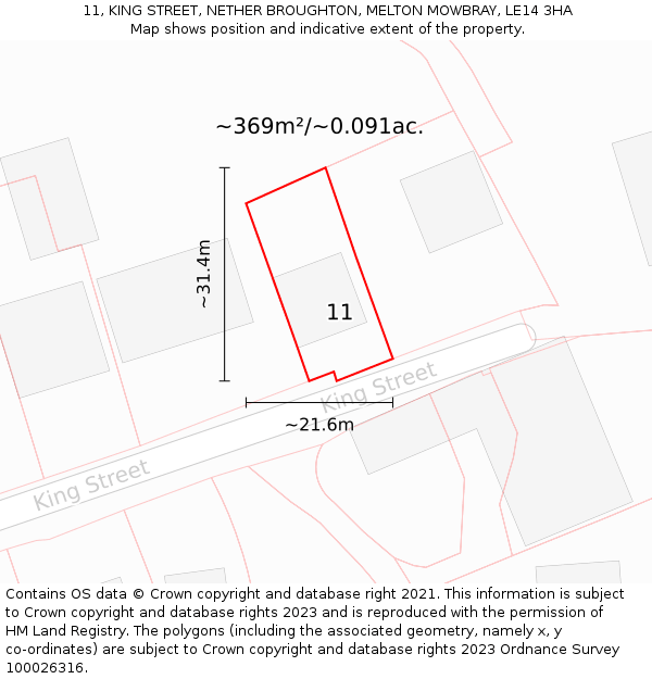 11, KING STREET, NETHER BROUGHTON, MELTON MOWBRAY, LE14 3HA: Plot and title map