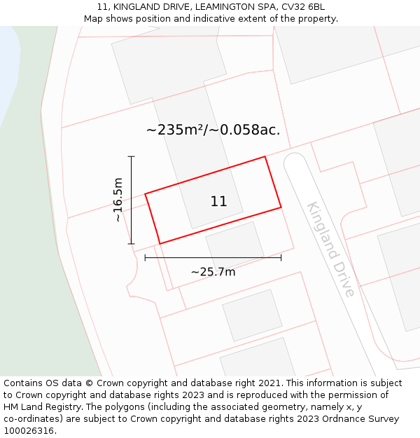 11, KINGLAND DRIVE, LEAMINGTON SPA, CV32 6BL: Plot and title map