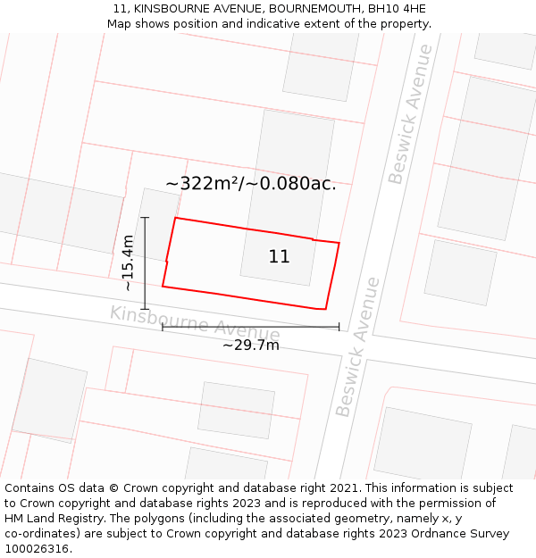 11, KINSBOURNE AVENUE, BOURNEMOUTH, BH10 4HE: Plot and title map