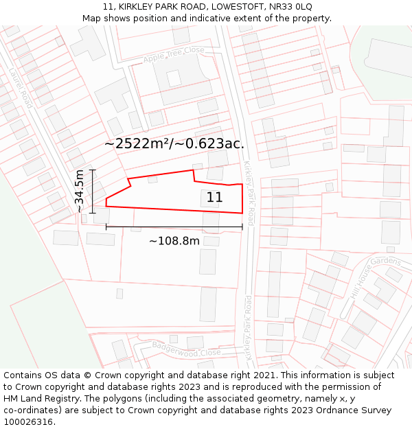 11, KIRKLEY PARK ROAD, LOWESTOFT, NR33 0LQ: Plot and title map