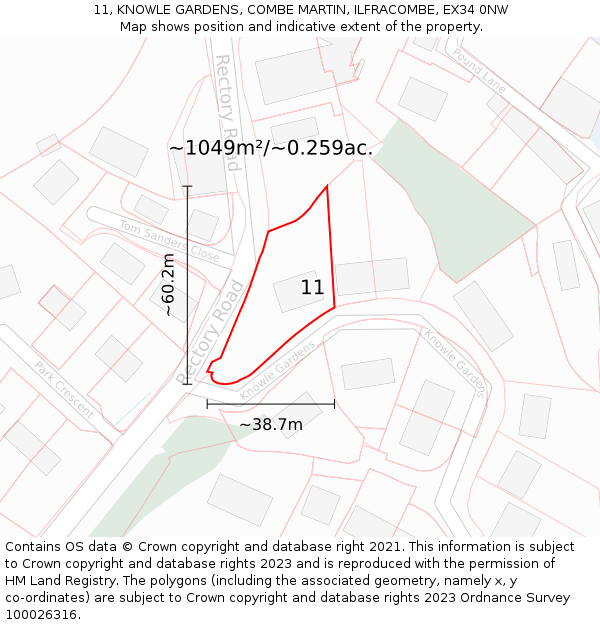 11, KNOWLE GARDENS, COMBE MARTIN, ILFRACOMBE, EX34 0NW: Plot and title map