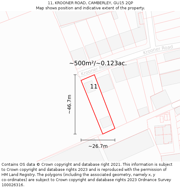 11, KROONER ROAD, CAMBERLEY, GU15 2QP: Plot and title map