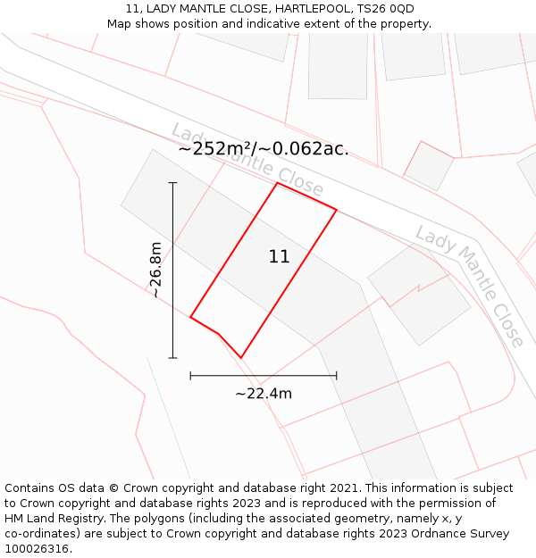 11, LADY MANTLE CLOSE, HARTLEPOOL, TS26 0QD: Plot and title map