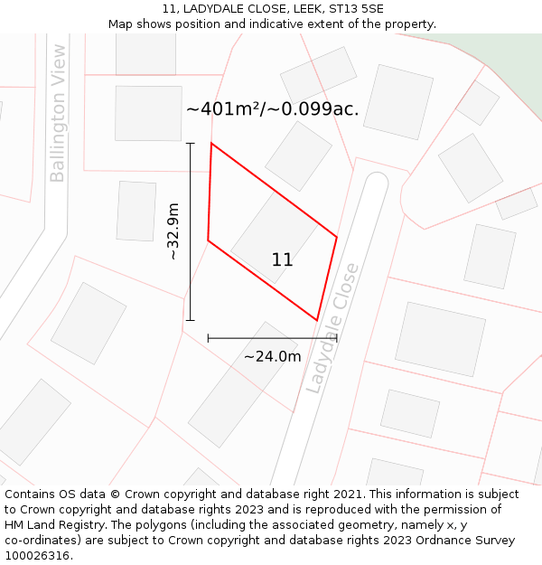 11, LADYDALE CLOSE, LEEK, ST13 5SE: Plot and title map