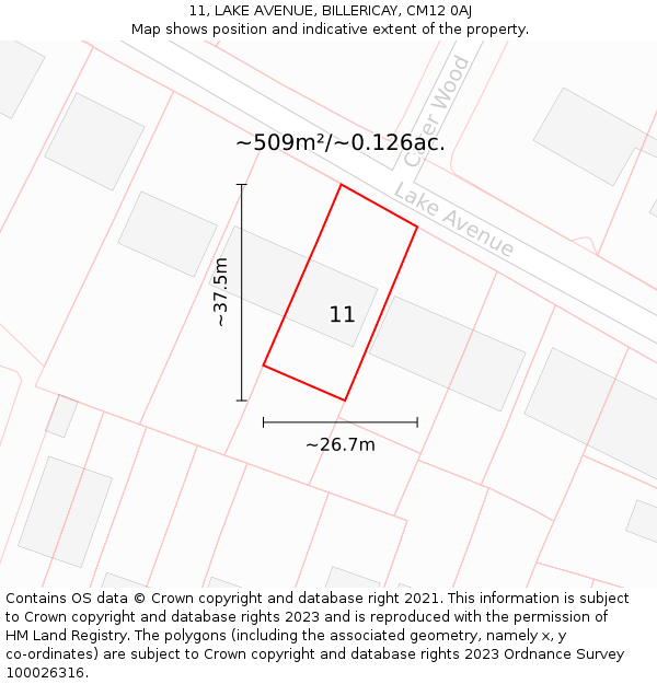 11, LAKE AVENUE, BILLERICAY, CM12 0AJ: Plot and title map