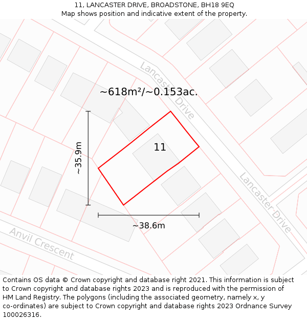 11, LANCASTER DRIVE, BROADSTONE, BH18 9EQ: Plot and title map