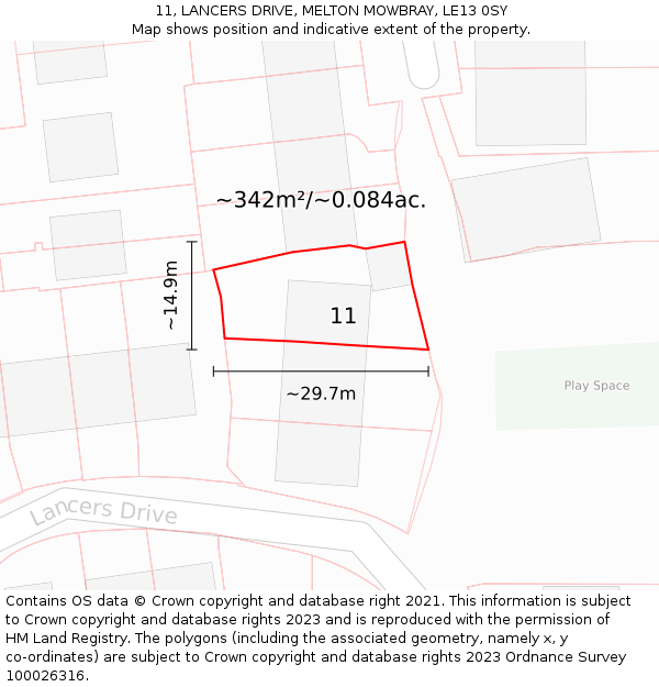 11, LANCERS DRIVE, MELTON MOWBRAY, LE13 0SY: Plot and title map