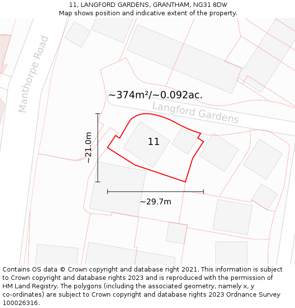 11, LANGFORD GARDENS, GRANTHAM, NG31 8DW: Plot and title map