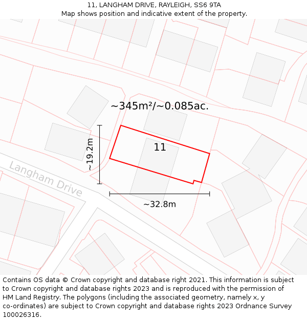 11, LANGHAM DRIVE, RAYLEIGH, SS6 9TA: Plot and title map