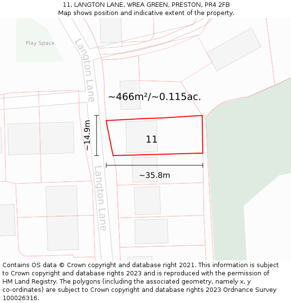 11, LANGTON LANE, WREA GREEN, PRESTON, PR4 2FB: Plot and title map